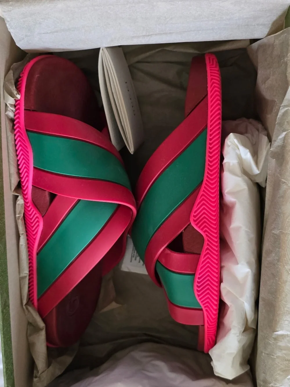 Gucci Green & Pink Crisscross Slide Sandals